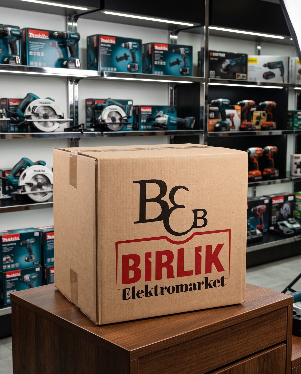 Birlik Elektromarket ürün kutusu ve raflardaki Makita ürünleri